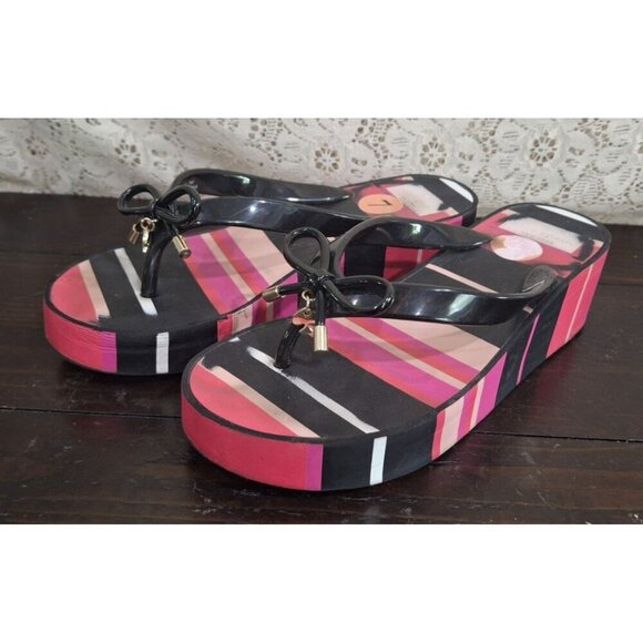 Kate Spade Platform Wedge Thong Sandal-Pink/White/Black-Pre-owned - Picture 3 of 7